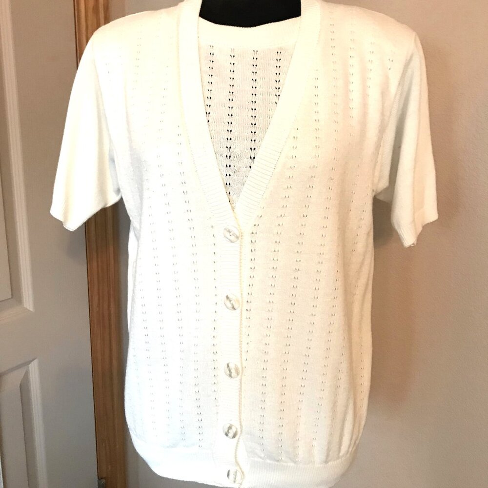 Pullover Sweater Vest Vintage 80s Short Sleeved Cream Top Alfred Dunner Size S